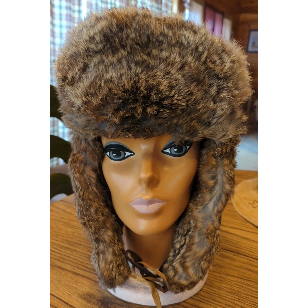 Vintage Size Large Natural Rabbit Fur Trapper HatHunting Work Ear Flaps Handmade